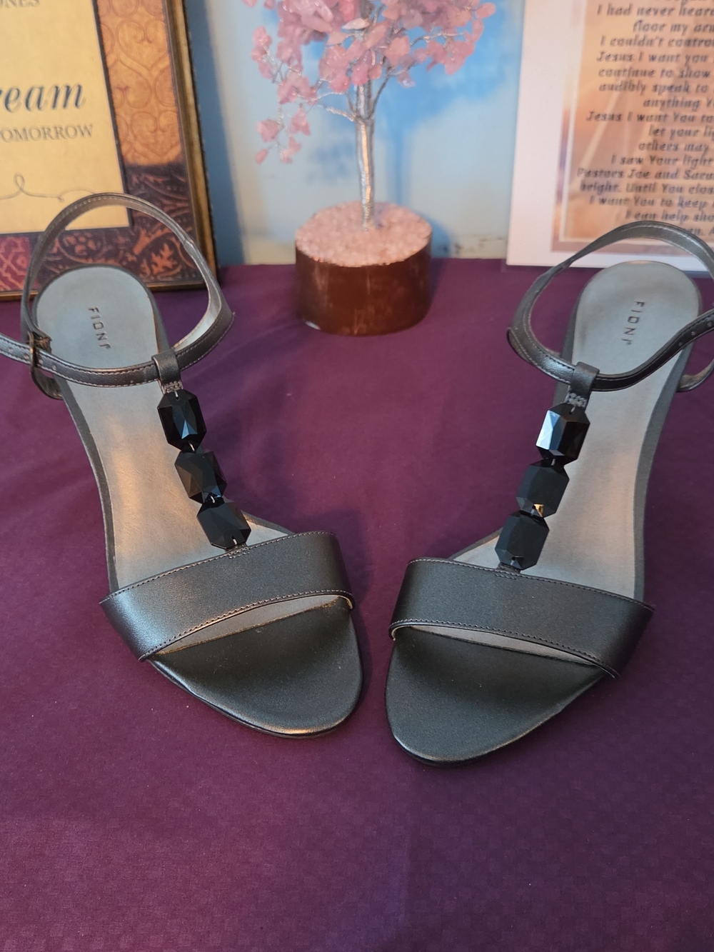 FIONI Clothing Black Beaded T-Strap Heeled Sandals